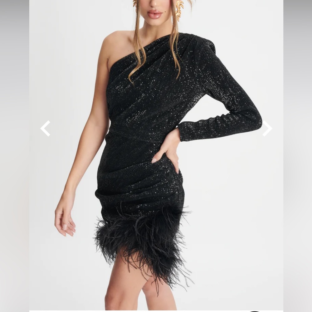 Lavish Alice Olivia Pleated Sequin Mini Dress with Feather Hem
